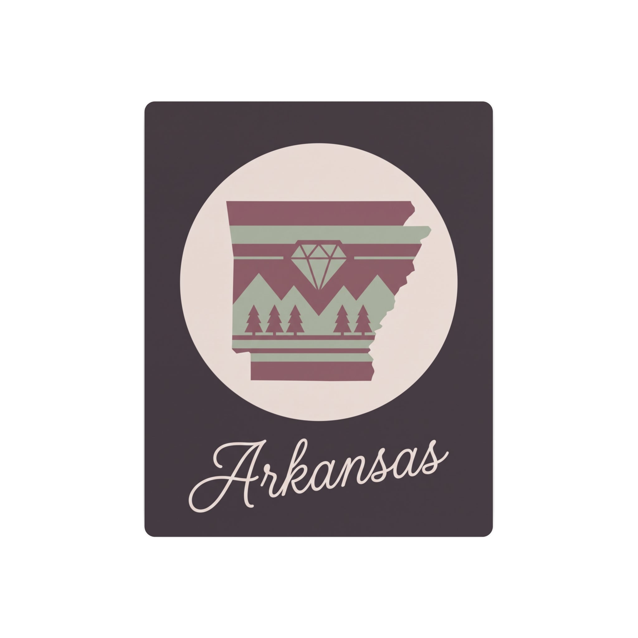 Arkansas silhouette metal wall art sign with mauve and sage emblem on dark purple square