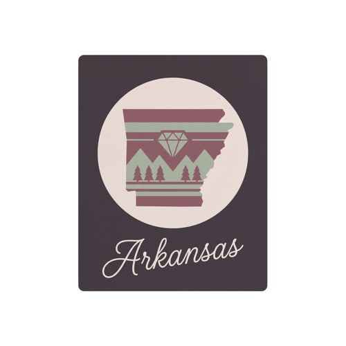 Arkansas silhouette metal wall art sign with mauve and sage emblem on dark purple square