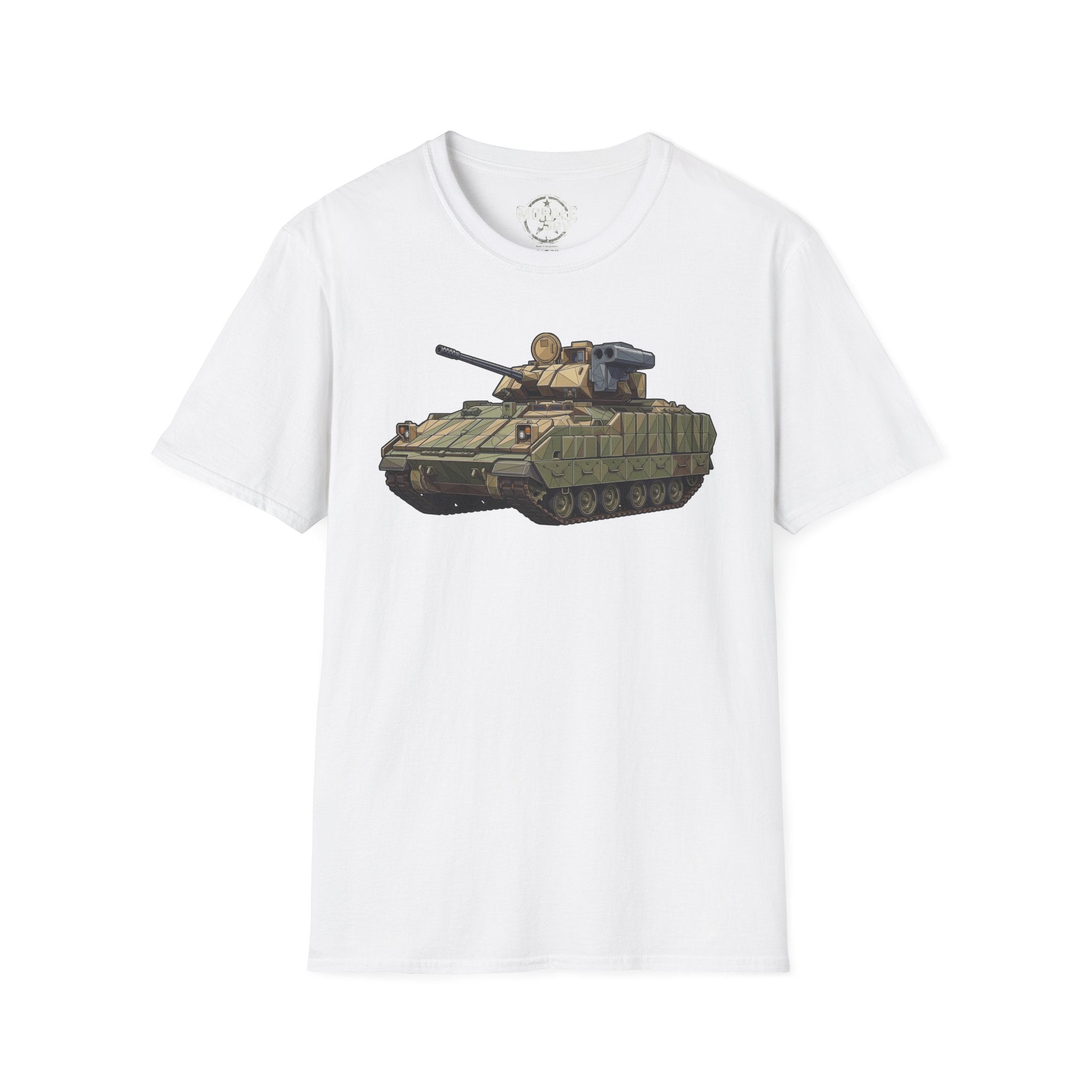 White tank T-shirt with olive-armored vehicle graphic on chest