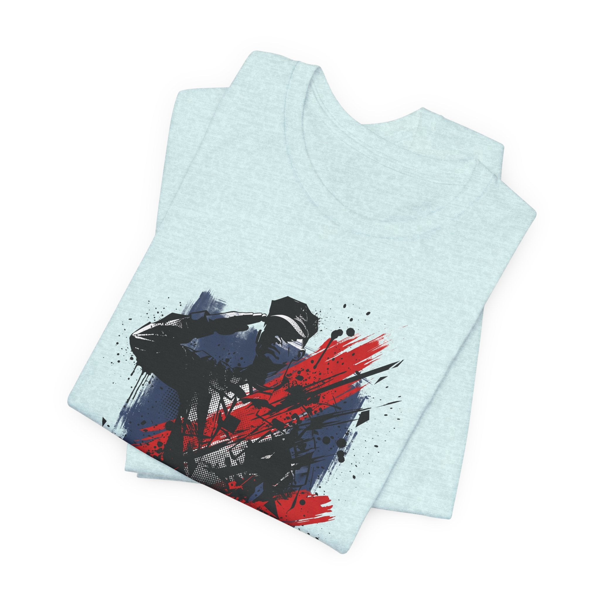 Light blue crewneck T-shirt with soldier silhouette graphic in red, black, and navy