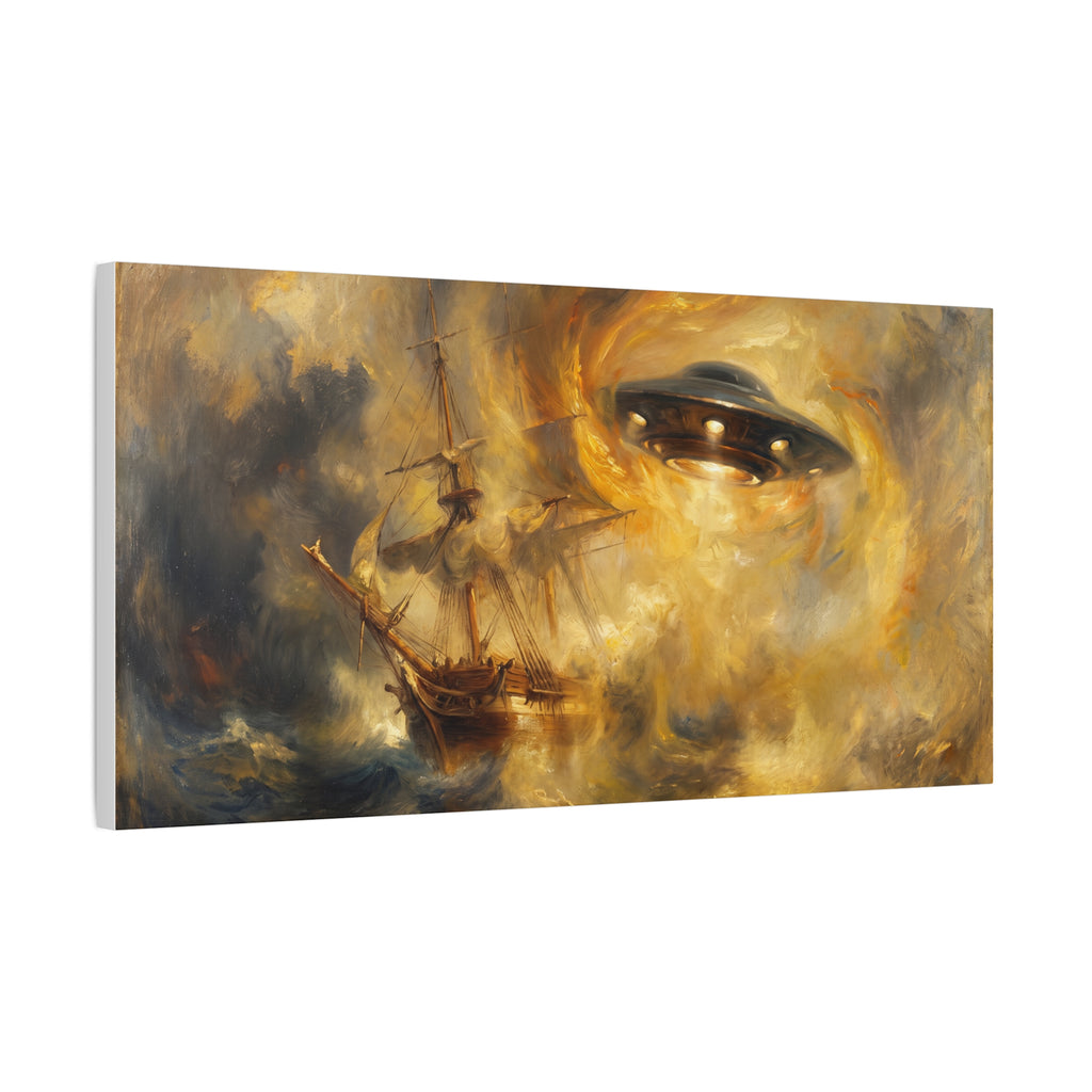 Rectangular canvas wall art depicting a UFO and a stormy galleon sail scene in gold and dark