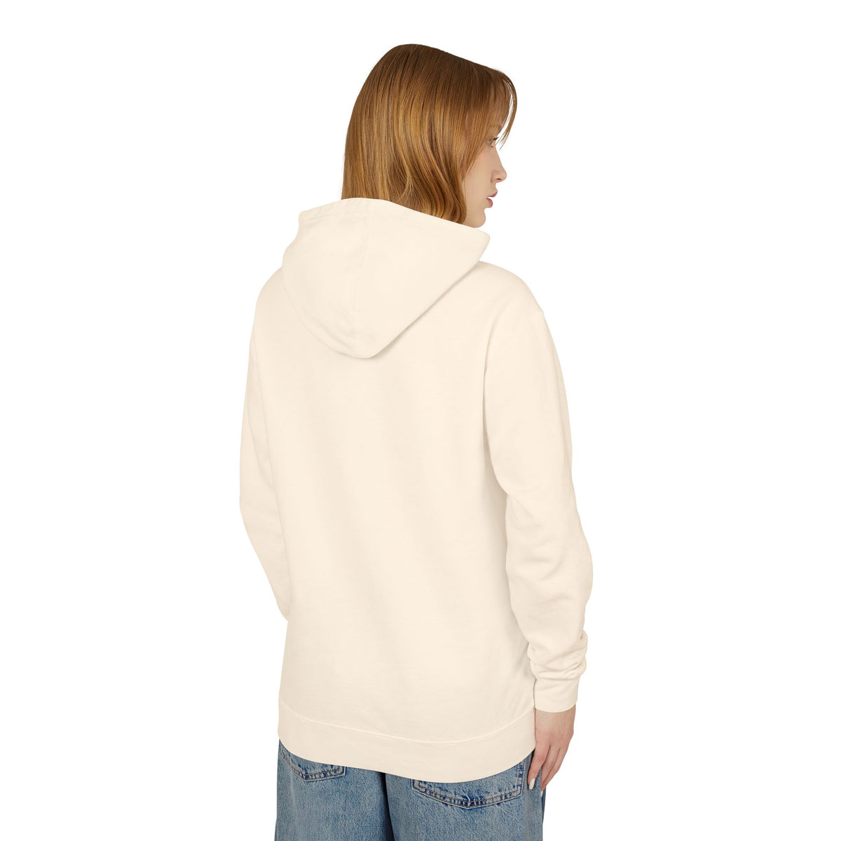 Ivory pullover hoodie from the back, drawstring hood and full-length sleeves