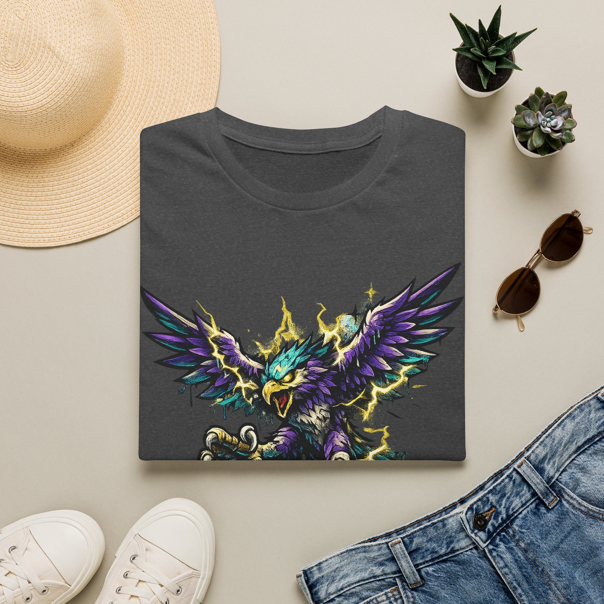 Dark gray crew-neck T-shirt with colorful mythical lightning bird graphic