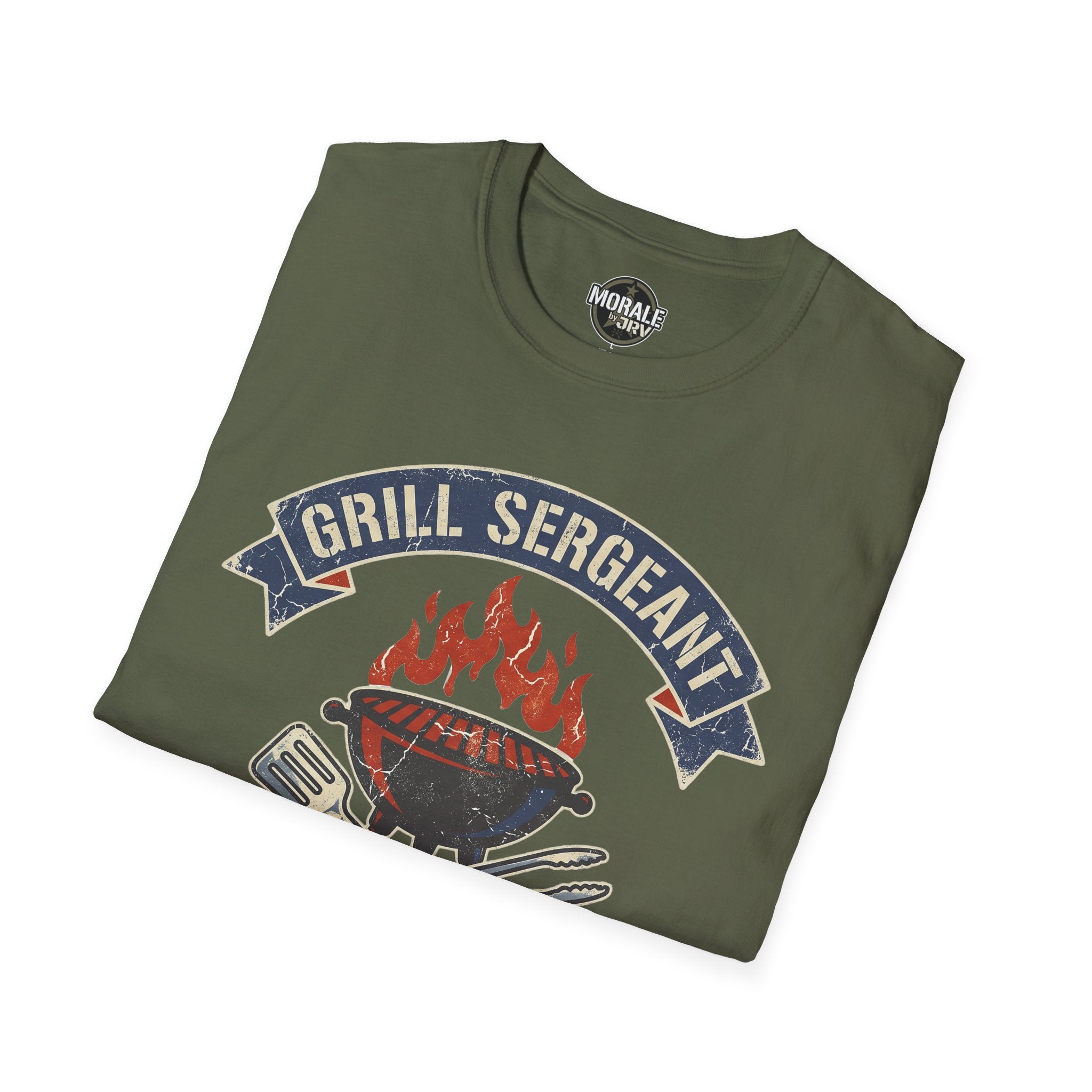 Olive green Grill Sergeant graphic T-shirt with flaming grill emblem