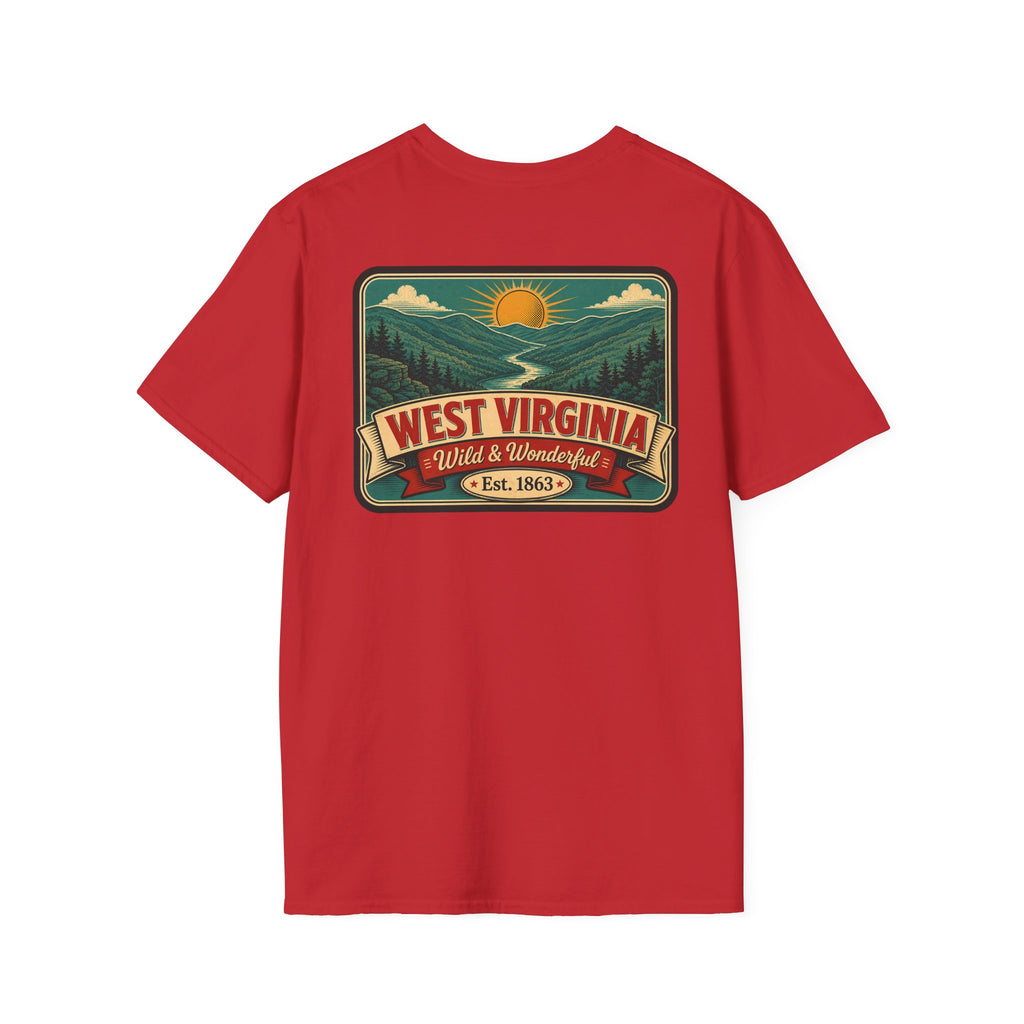 Red West Virginia “Wild & Wonderful” graphic t-shirt, Est. 1863 badge.