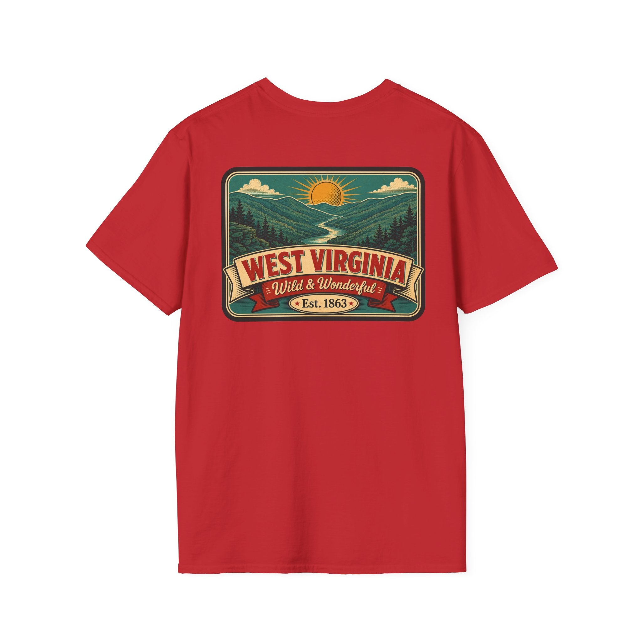 Red West Virginia “Wild & Wonderful” graphic t-shirt, Est. 1863 badge.