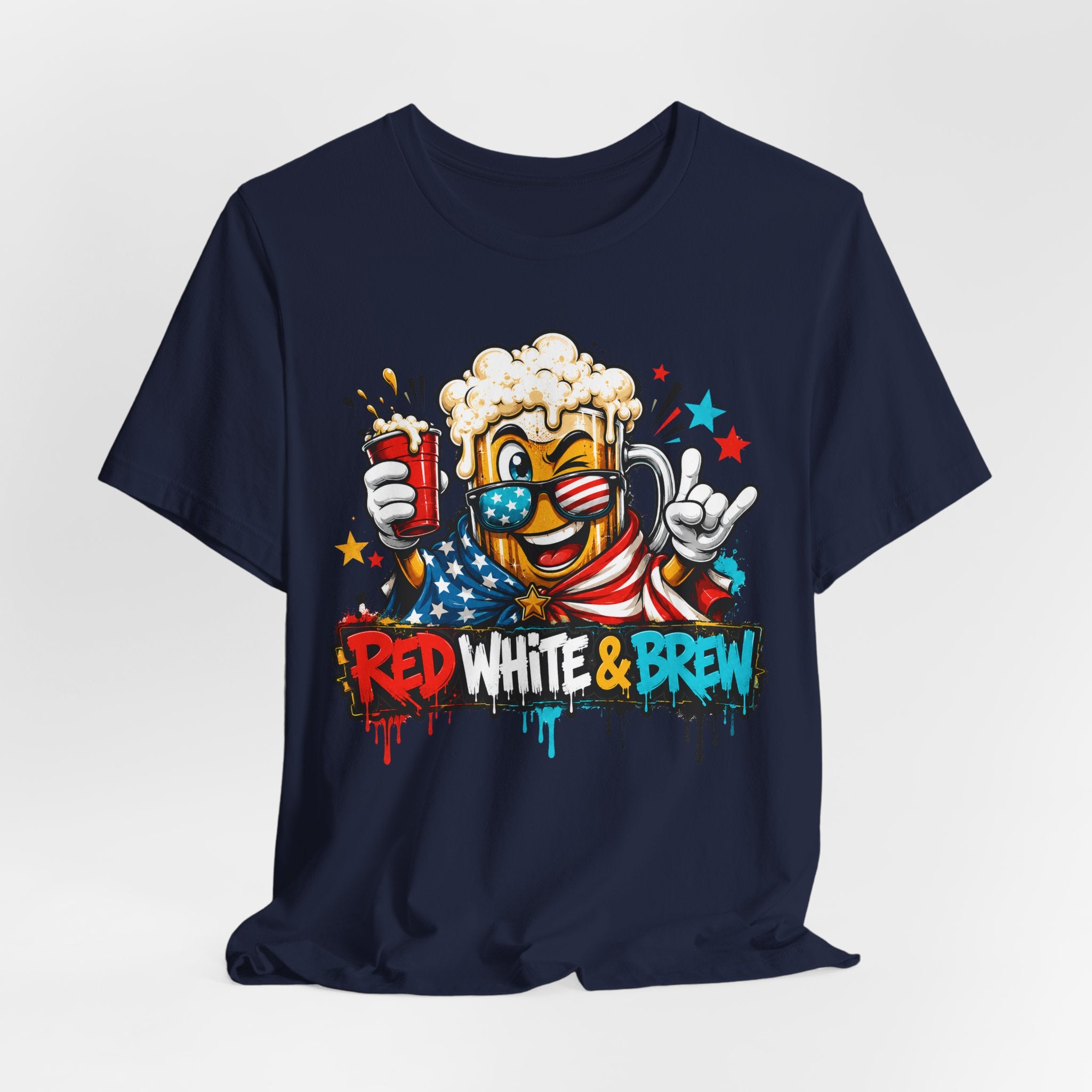 Navy crewneck T-shirt with beer mascot graphic and “Red White & Brew” text at center.