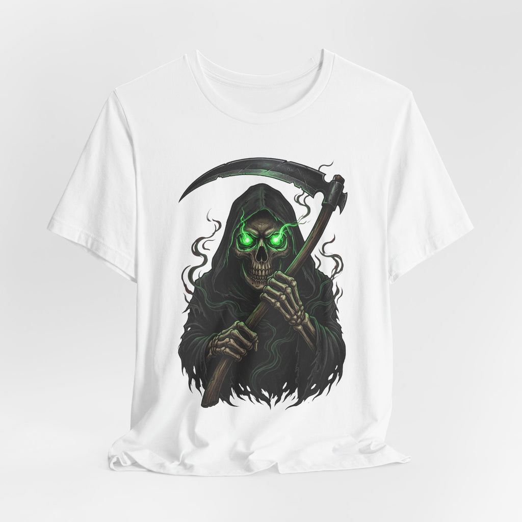 White unisex graphic T-shirt with grim reaper skull, neon green eyes, scythe