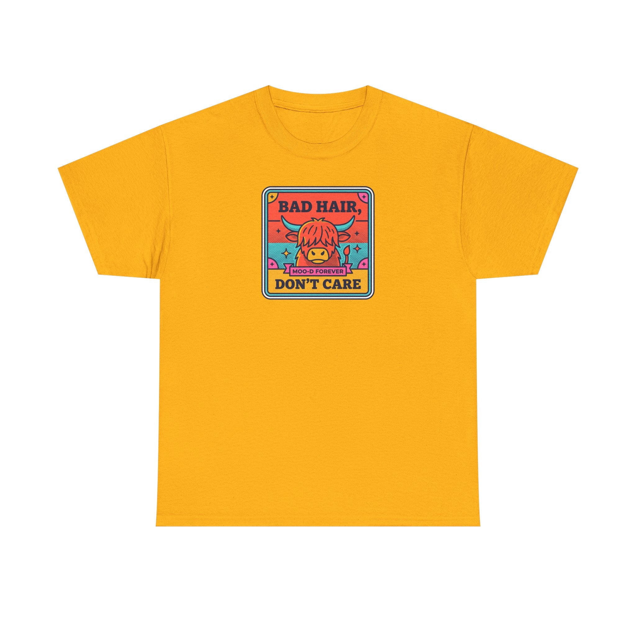 Gold/yellow t-shirt with square cow graphic reading “Bad Hair Don’t Care”.
