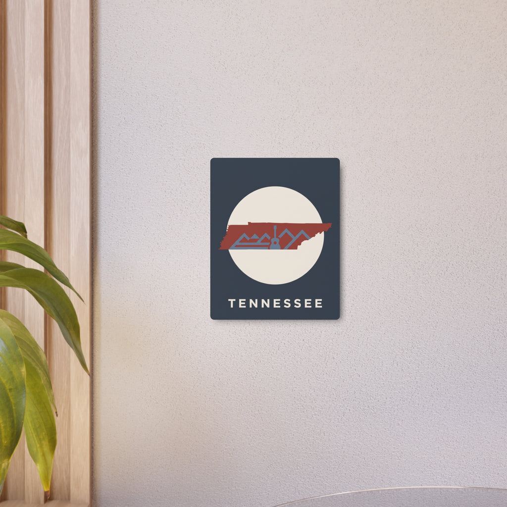 Small Tennessee metal art sign on dark blue board with red skyline and TENNESSEE lettering