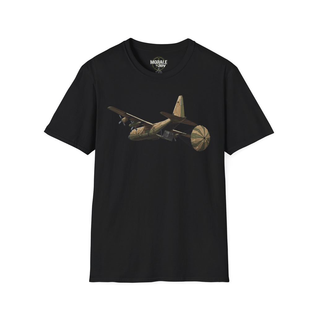 Black T-shirt with C-130 cargo plane graphic printed across the chest