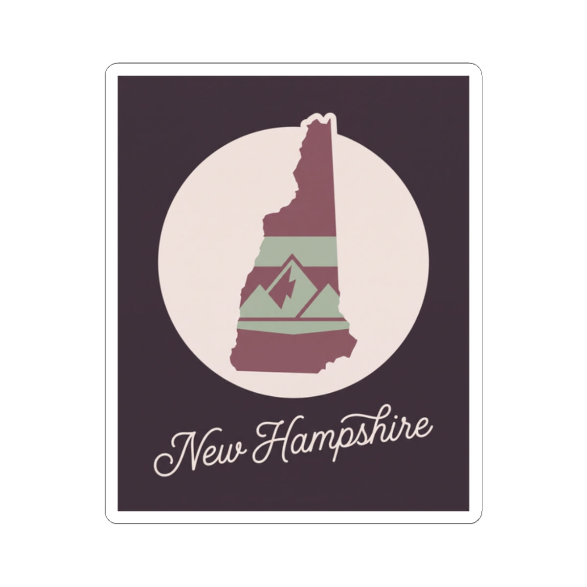 New Hampshire state silhouette kiss-cut decal sticker, state icon with mountain scene
