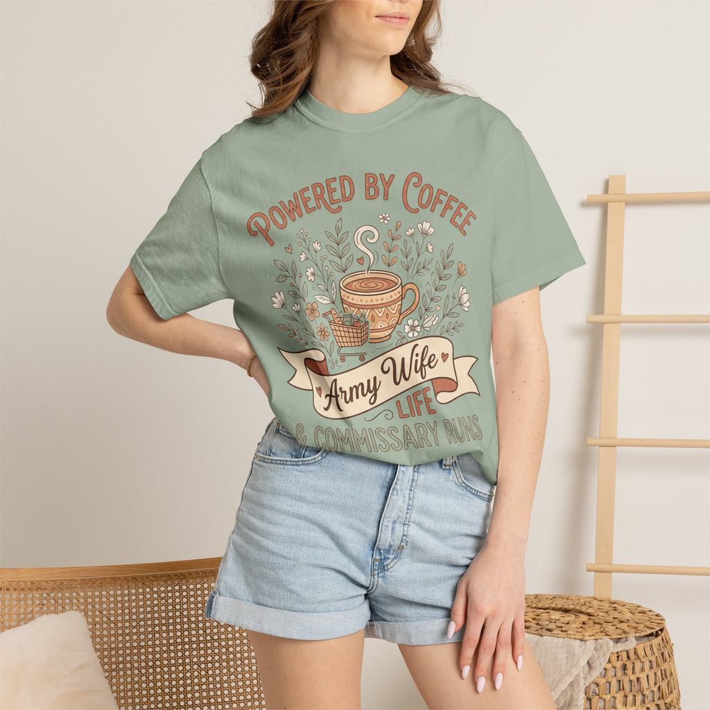 Green T-shirt worn by woman with coffee-themed 'Army Wife' text and coffee cup art