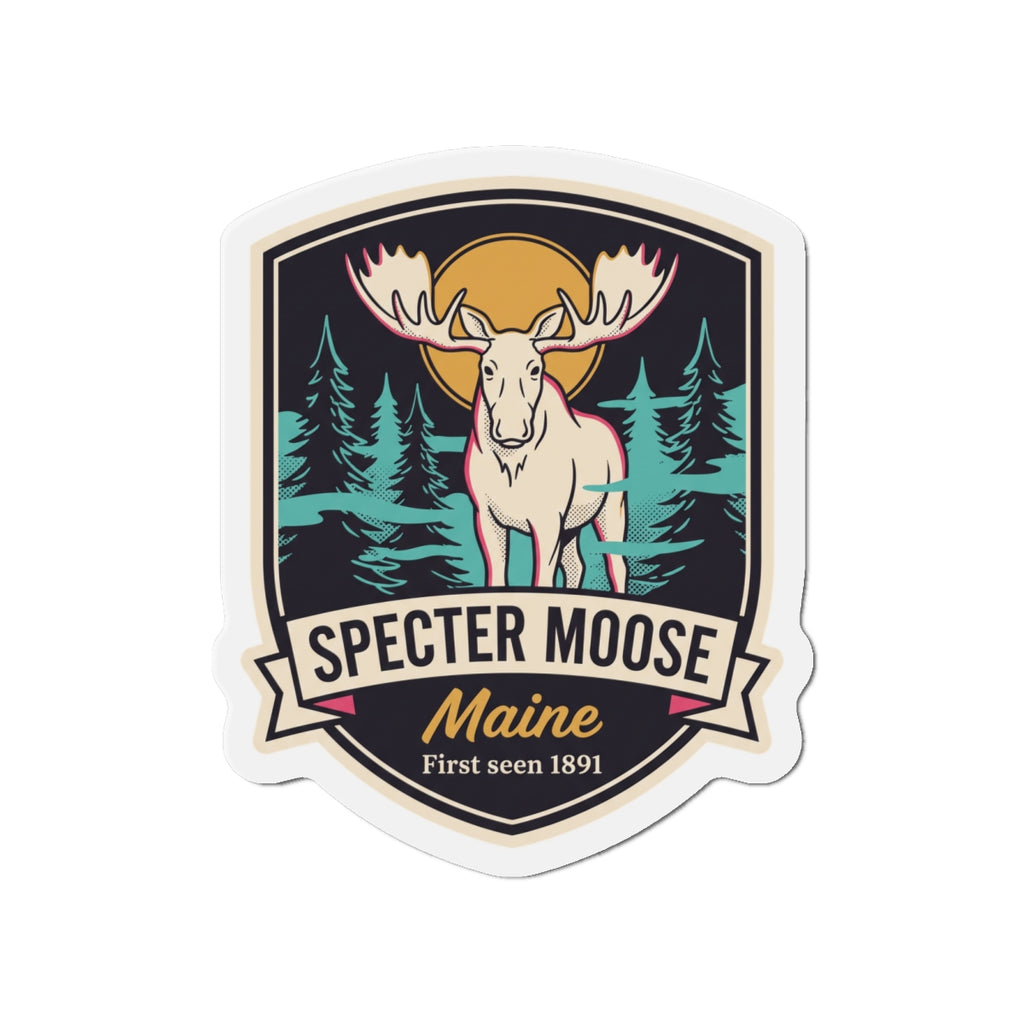 Retro woodland moose shield die-cut magnet with "Specter Moose" and "Maine"