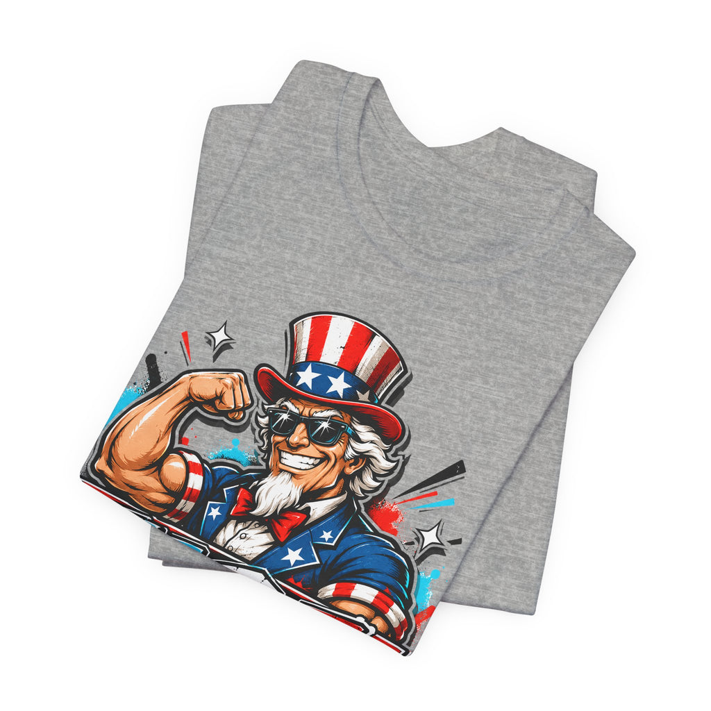 Heather gray muscle T-shirt with Uncle Sam graphic, stars and stripes