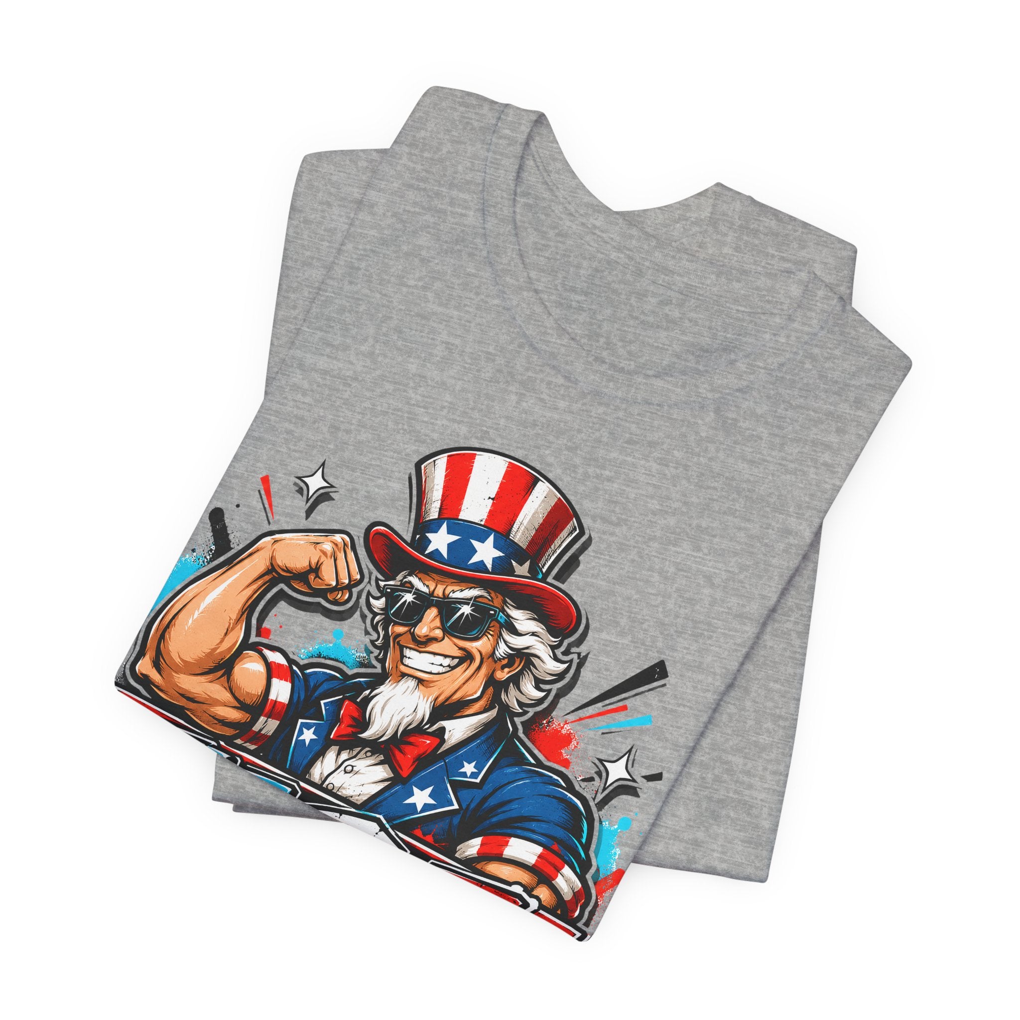 Heather gray muscle T-shirt with Uncle Sam graphic, stars and stripes