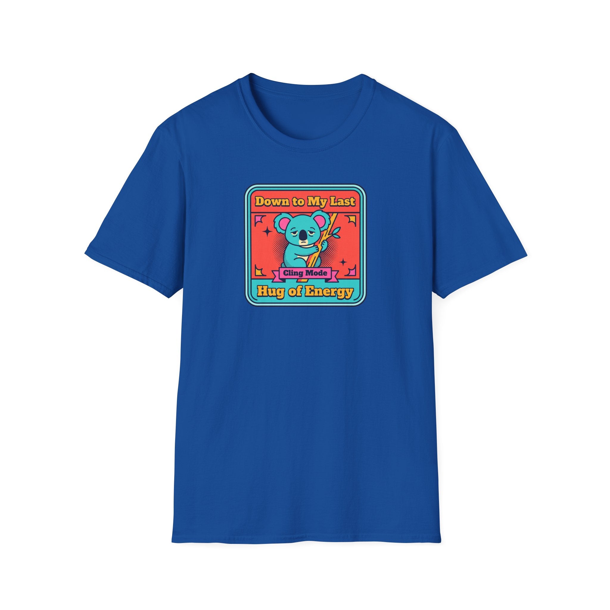 Blue graphic T-shirt flat lay with koala hug energy badge chest print