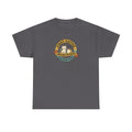 Dark gray T-shirt with round “First Coffee” coffee logo graphic on chest.