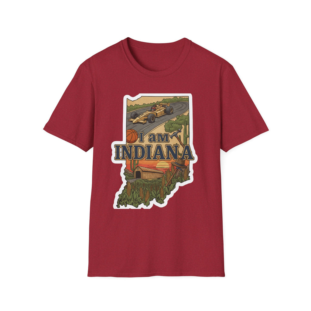 Heather red I Am Indiana T-shirt with Indiana outline design and racing car/basketball