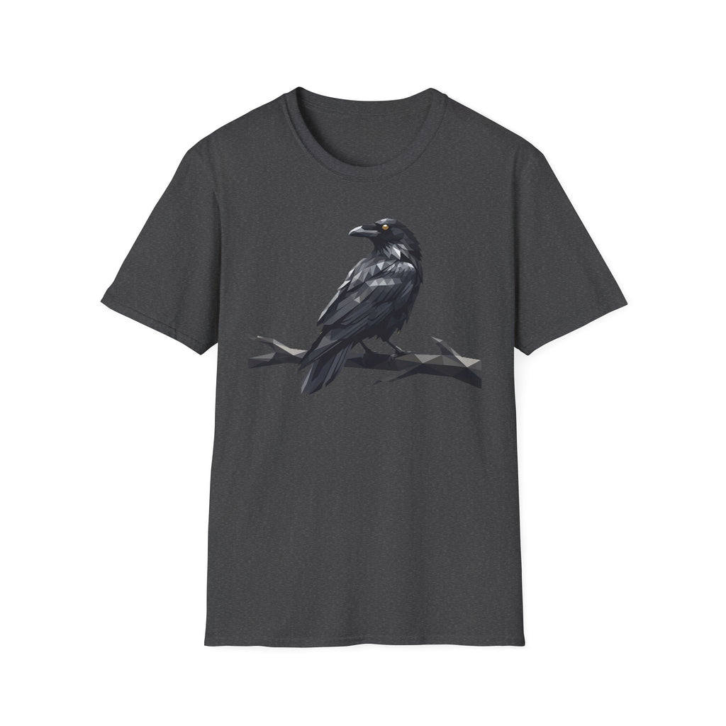 Charcoal gray raven graphic t-shirt with perched bird print