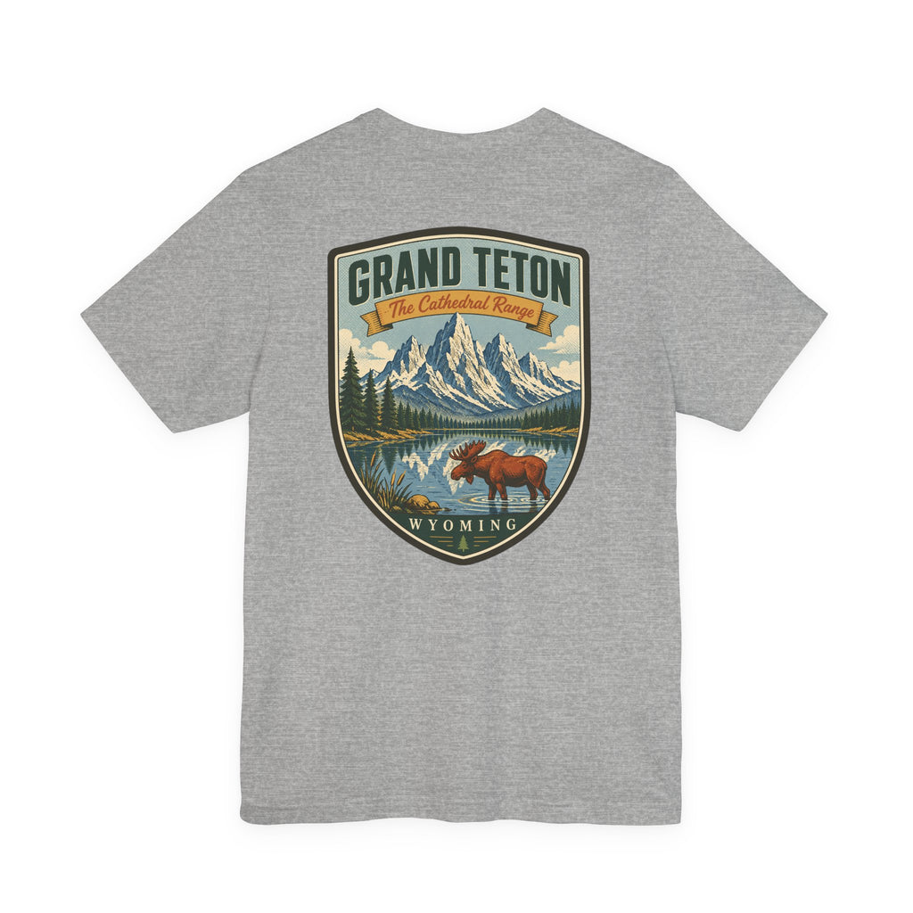 Heather gray crew-neck T-shirt with Grand Teton Wyoming scenic moose graphic center front.