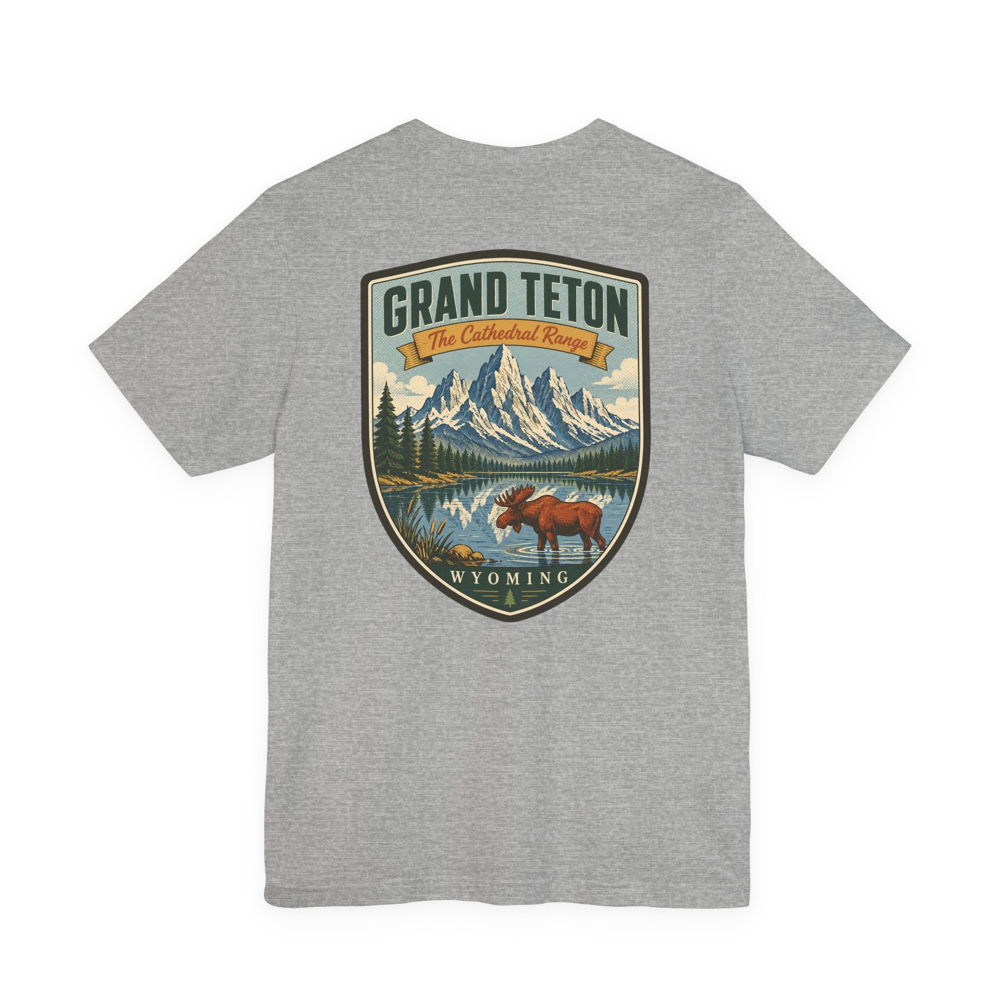 Heather gray crew-neck T-shirt with Grand Teton Wyoming scenic moose graphic center front.