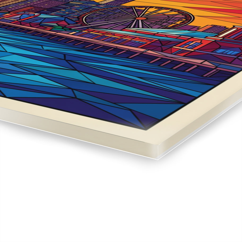 Acrylic print corner detail with geometric blue, purple, and orange pattern