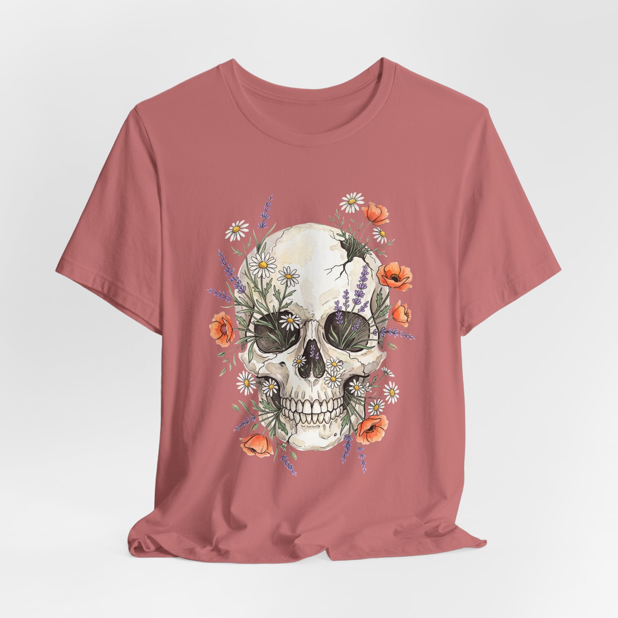 Maroon floral skull T-shirt with poppies and wildflowers graphic on the front