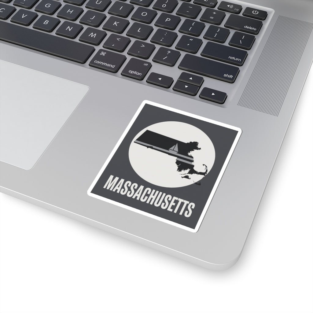 Massachusetts sailboat silhouette sticker in white circle with black border, on laptop