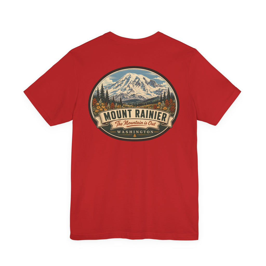 Red crewneck T-shirt with large centered circular mountain National Park graphic