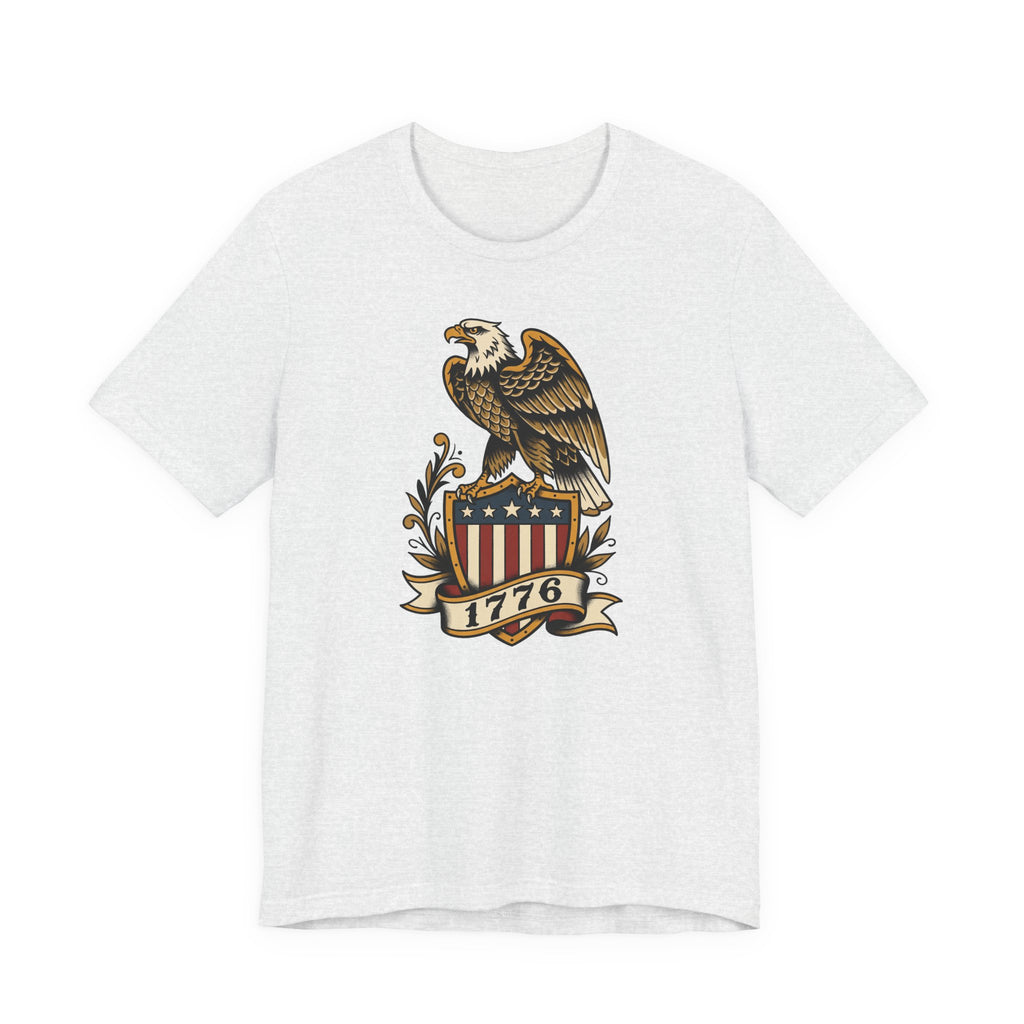 Light grey t-shirt with eagle shield graphic and 1776 banner