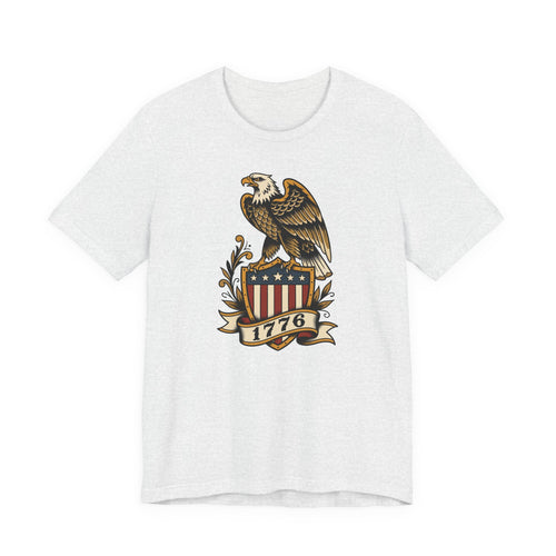 Light grey t-shirt with eagle shield graphic and 1776 banner