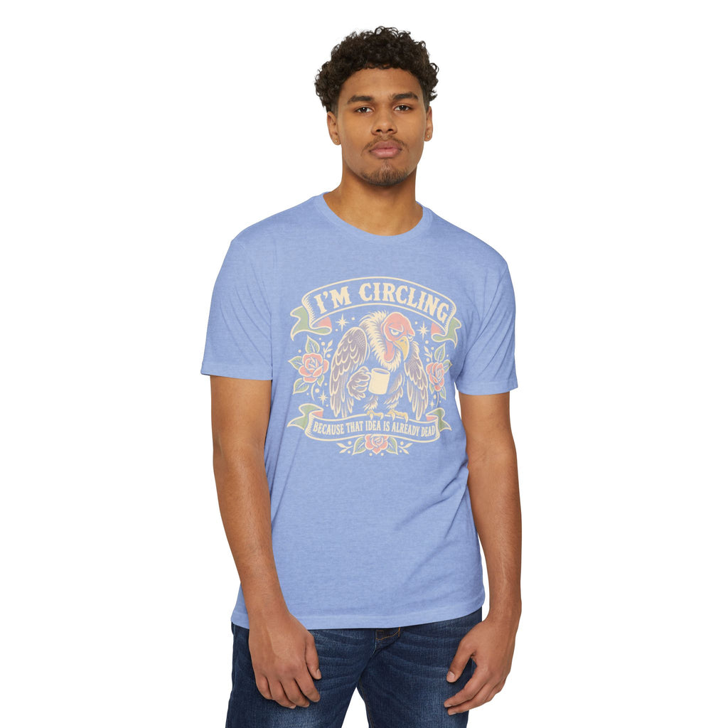 Blue graphic t-shirt with 'I'm Circling' vulture illustration on front