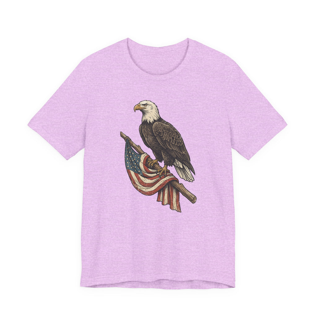 Light purple crewneck t-shirt with vintage bald eagle graphic holding American flag