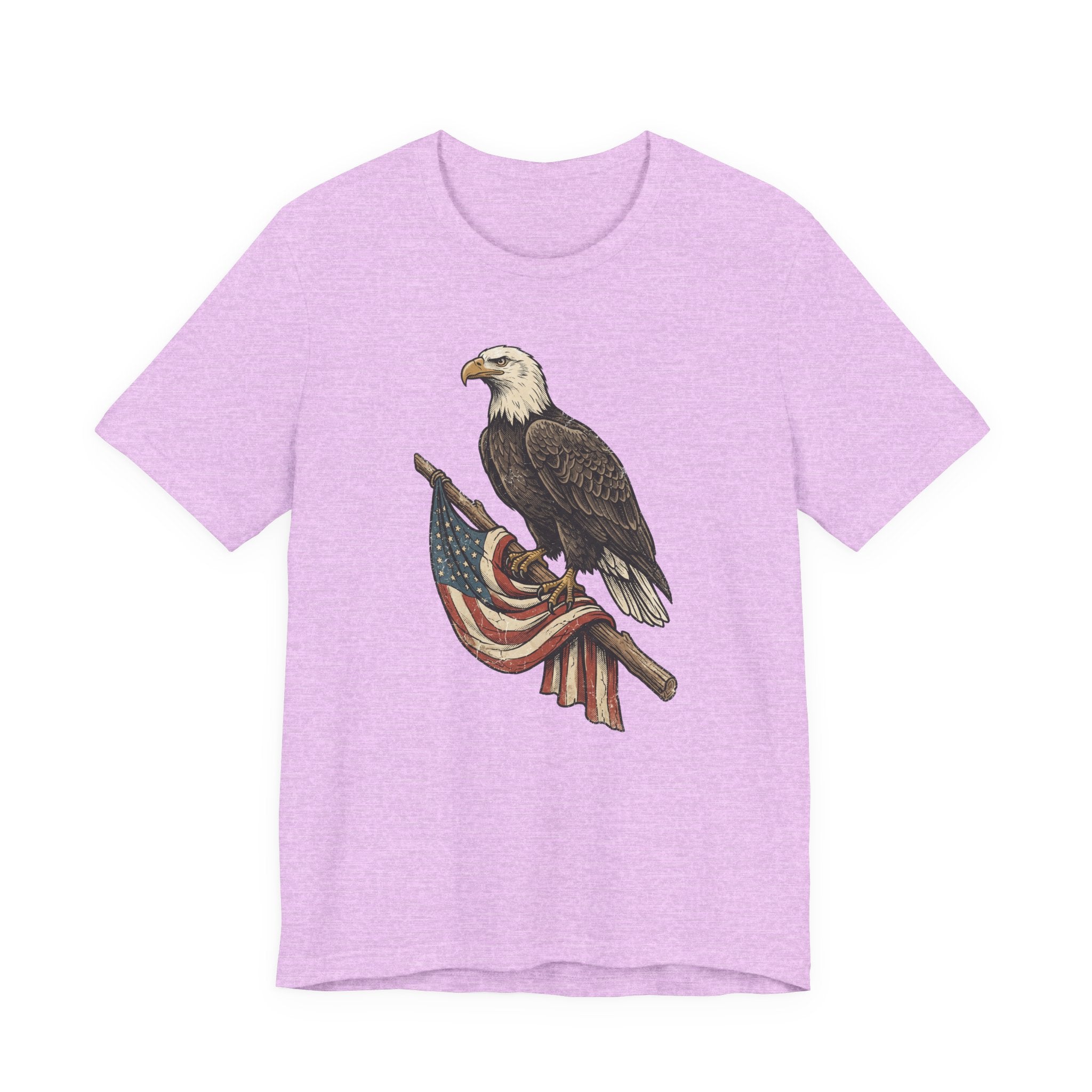 Light purple crewneck t-shirt with vintage bald eagle graphic holding American flag