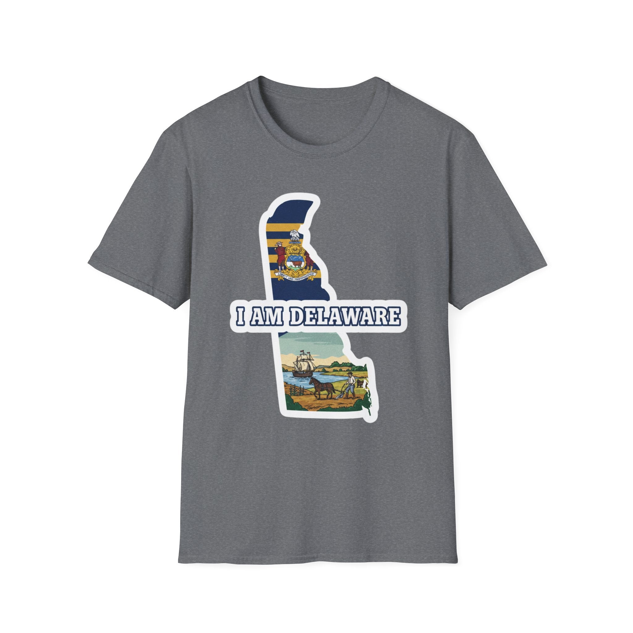Graphite heather T-shirt with Delaware state outline graphic and 'I AM DELAWARE'