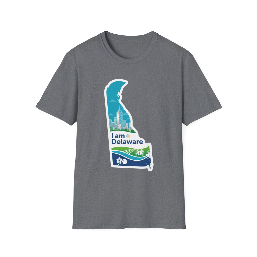 Dark heather grey T-shirt with blue Delaware silhouette and “I Am Delaware” front print
