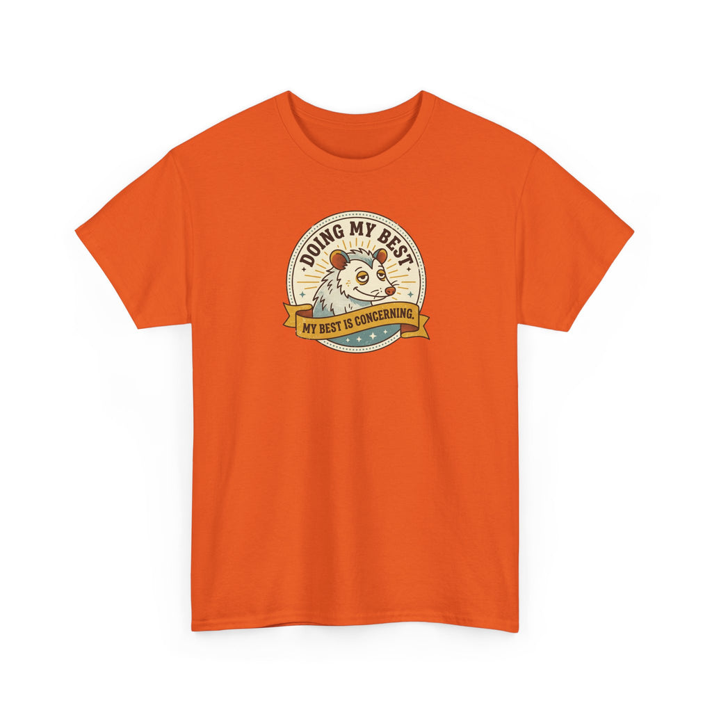 Sloth graphic T-shirt in orange with a round slogan badge and sloth illustration on the chest