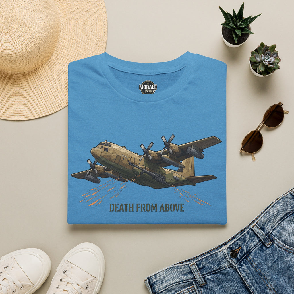 Blue military airplane graphic T-shirt with “DEATH FROM ABOVE” text