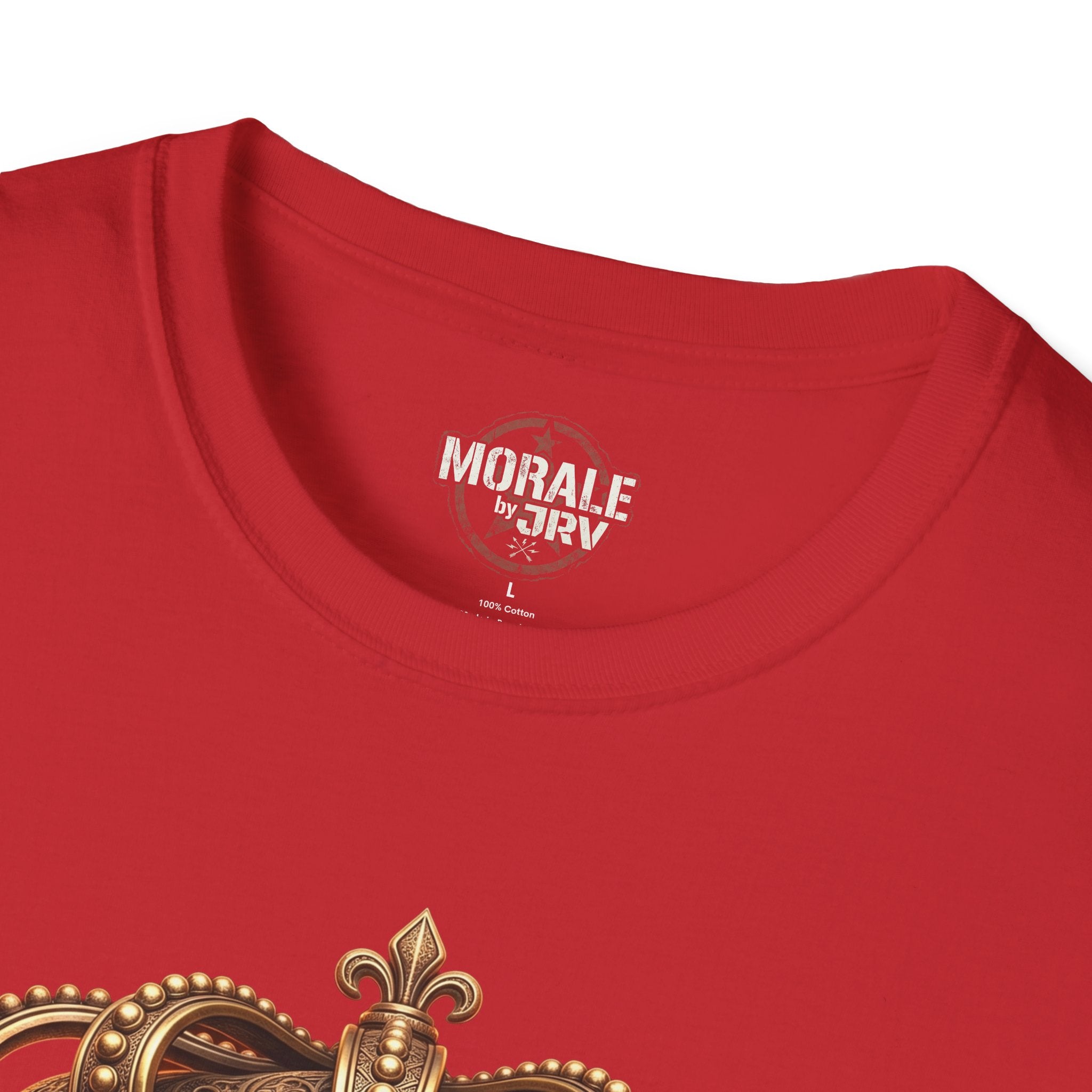 Red T-shirt with neckline logo and partial gold crown skull graphic