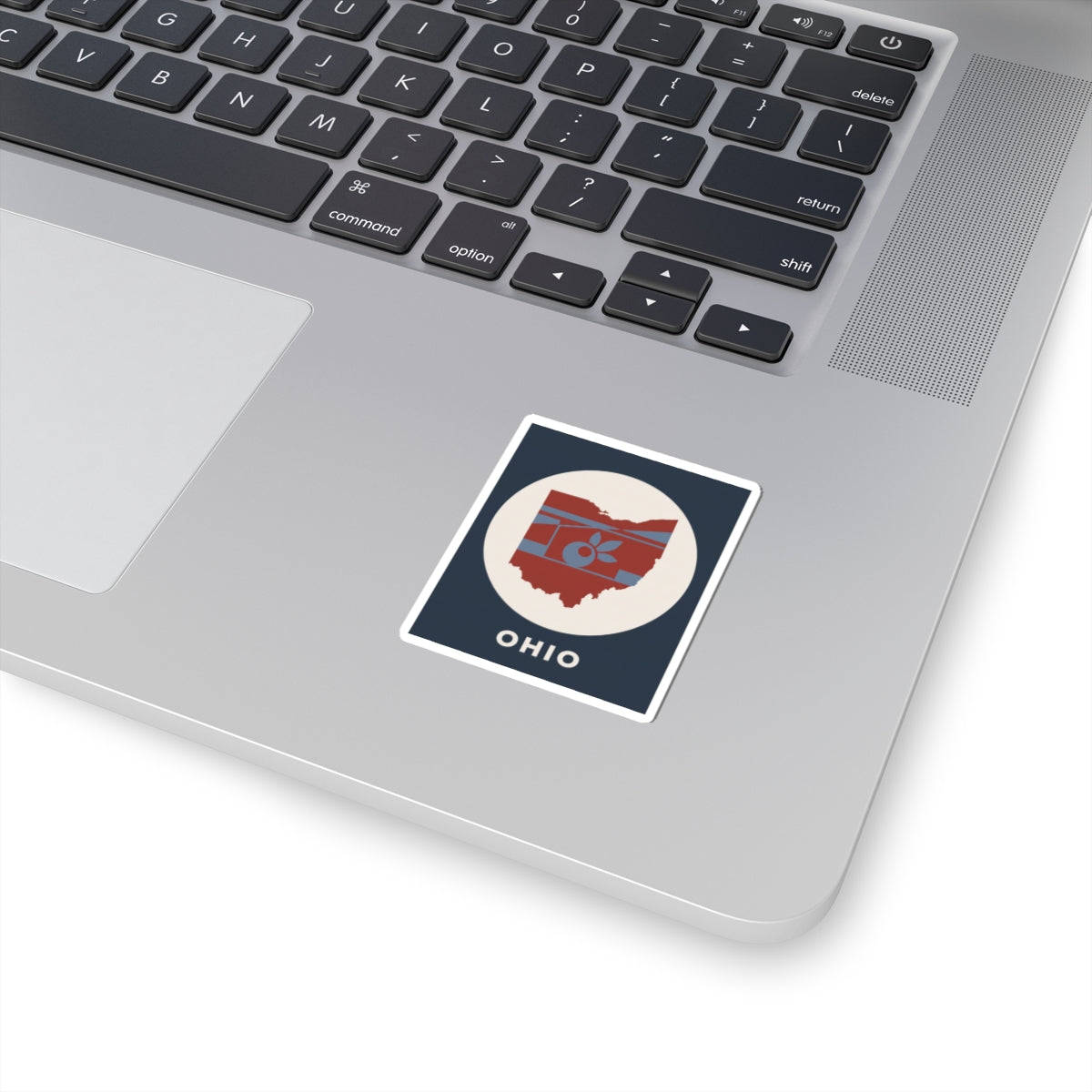 Square Ohio map sticker with red apple icon, white border, for laptops and gear
