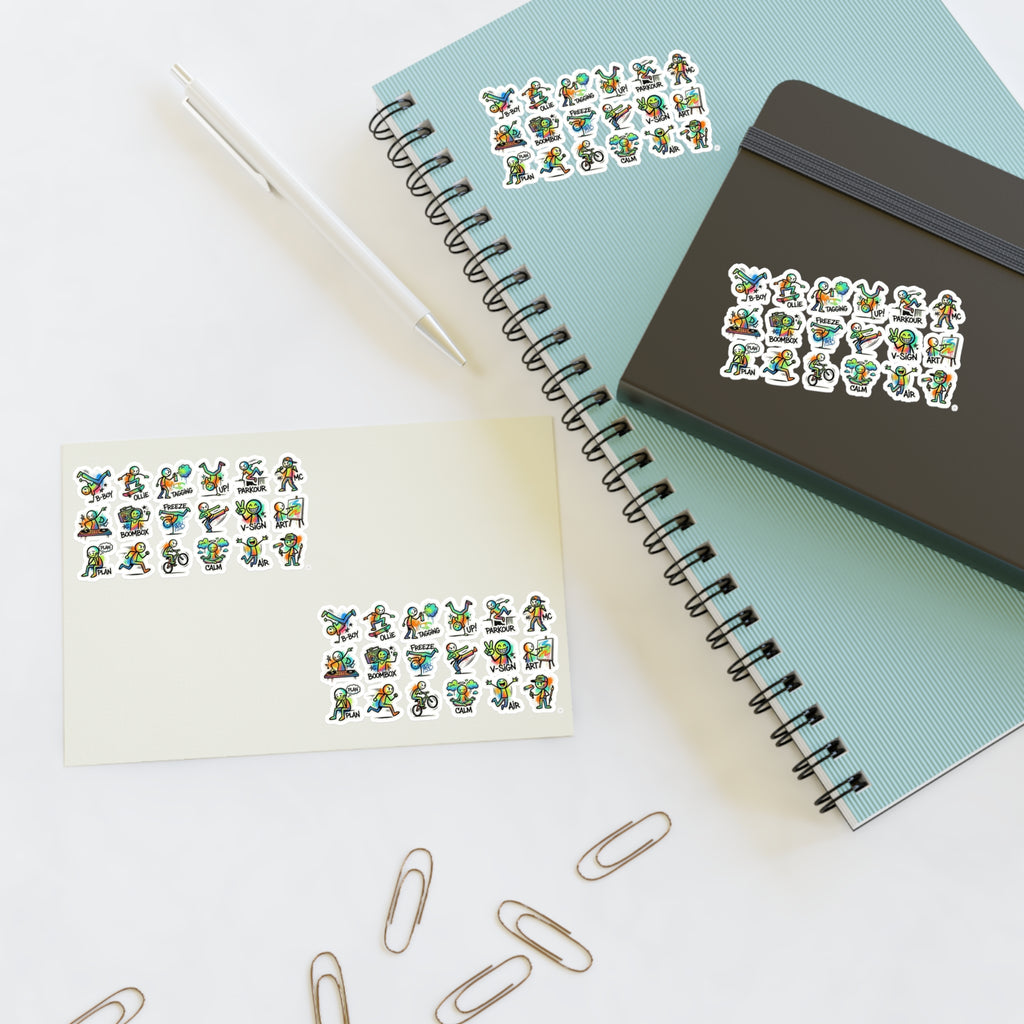 Sticker sheets with die-cut character icons on notebook and planner covers