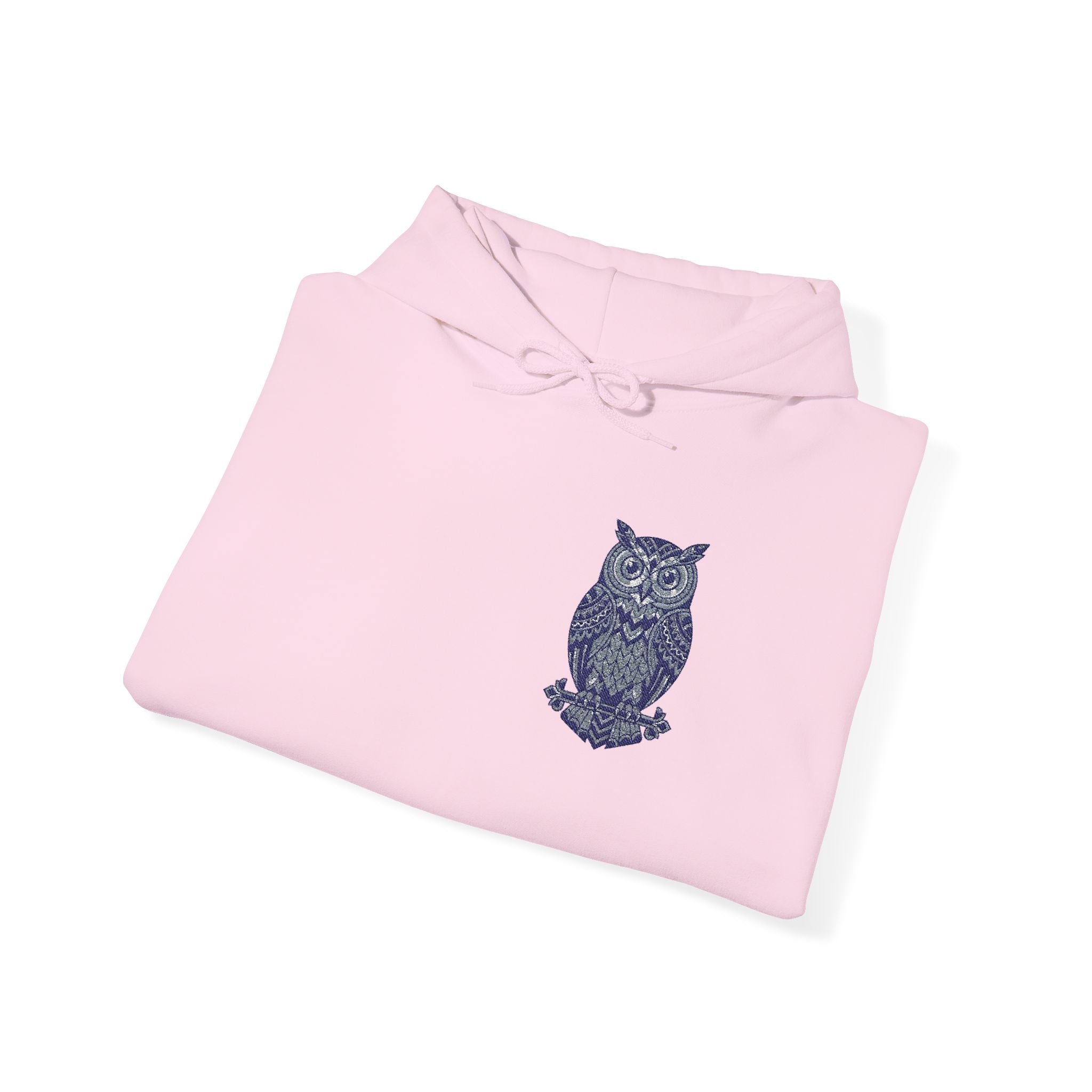 Light pink hoodie sweatshirt with blue owl chest print