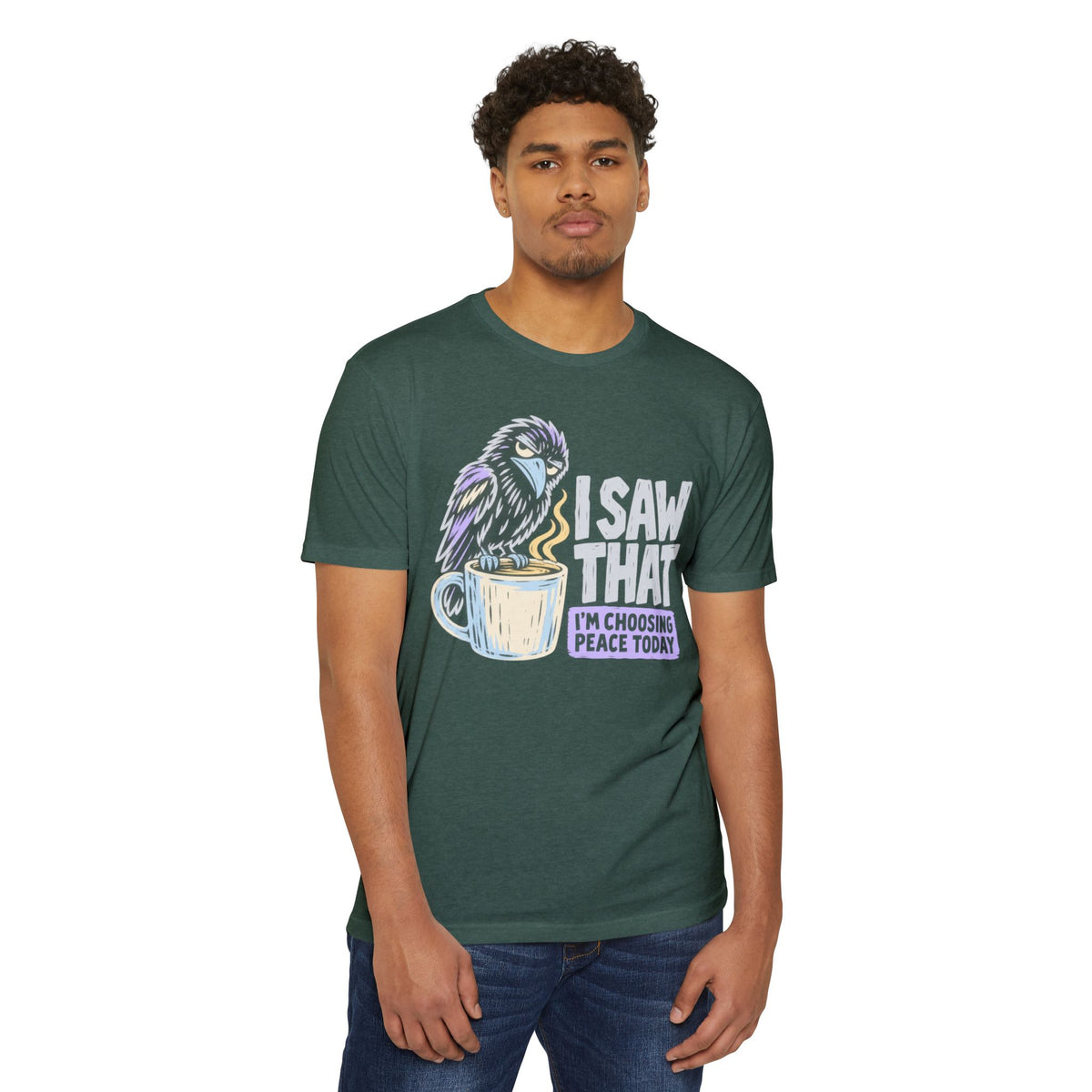 Dark green crewneck T-shirt with colorful raven coffee graphic and peace slogan print