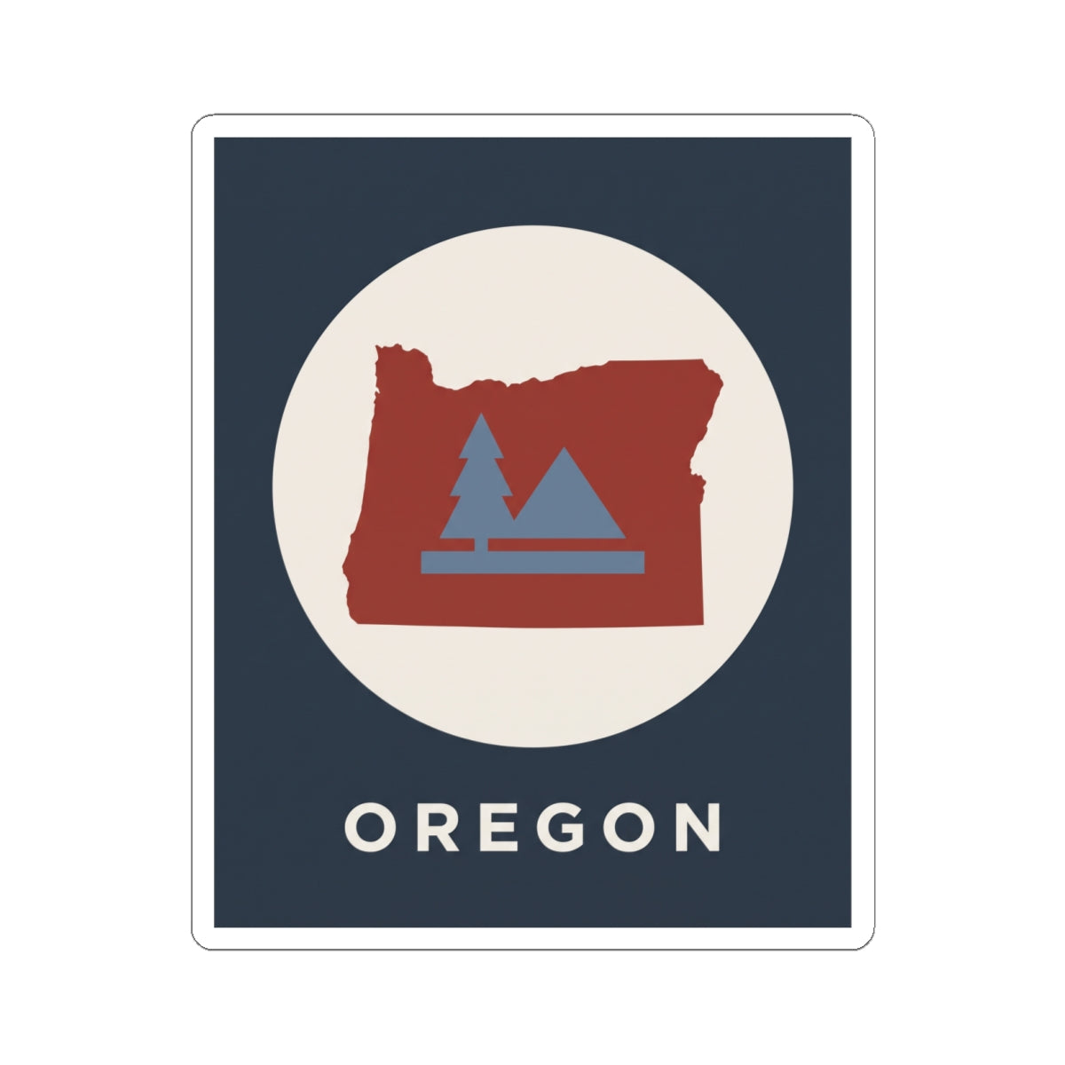Square sticker featuring Oregon map, blue pine trees, and layered mountain shapes; OREGON.