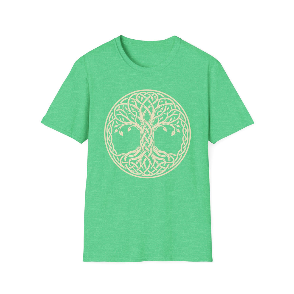 Green T-shirt with light gold Celtic tree of life knotwork circle graphic