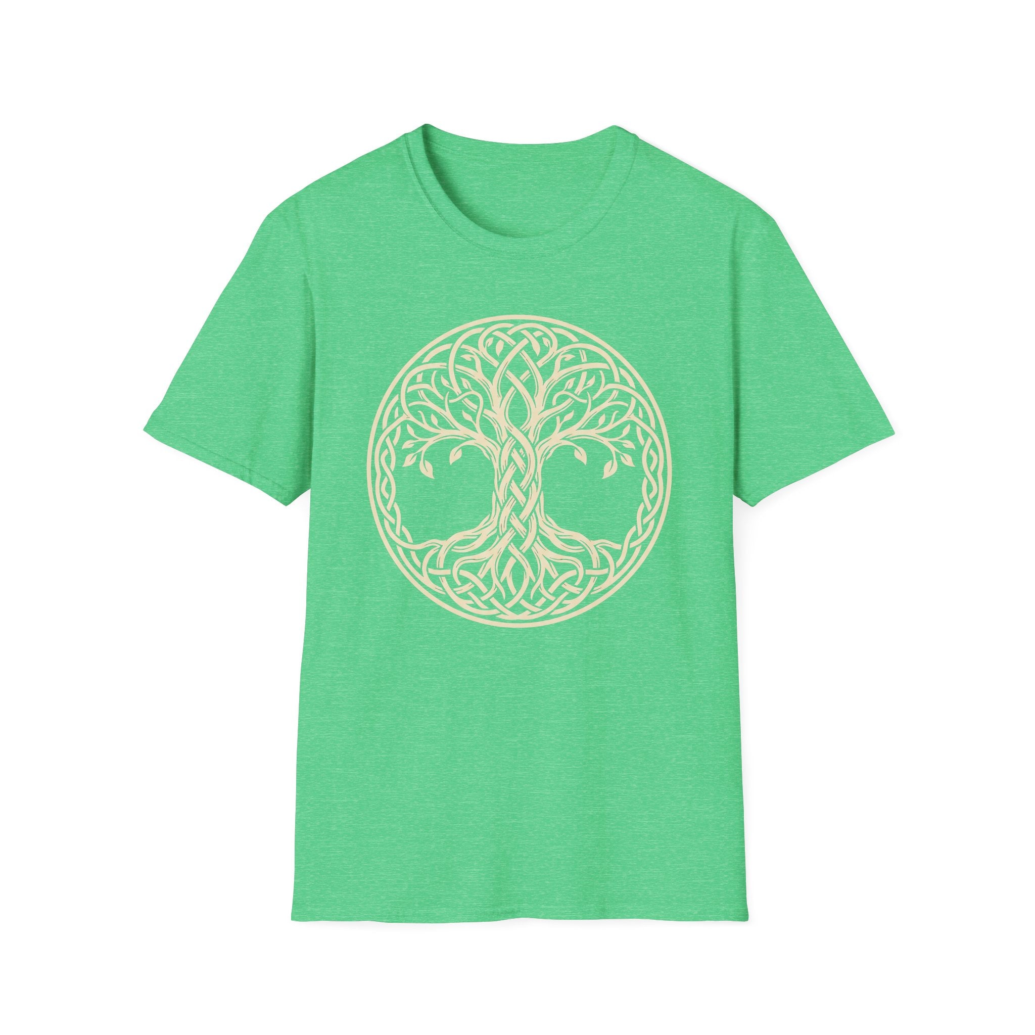 Green T-shirt with light gold Celtic tree of life knotwork circle graphic