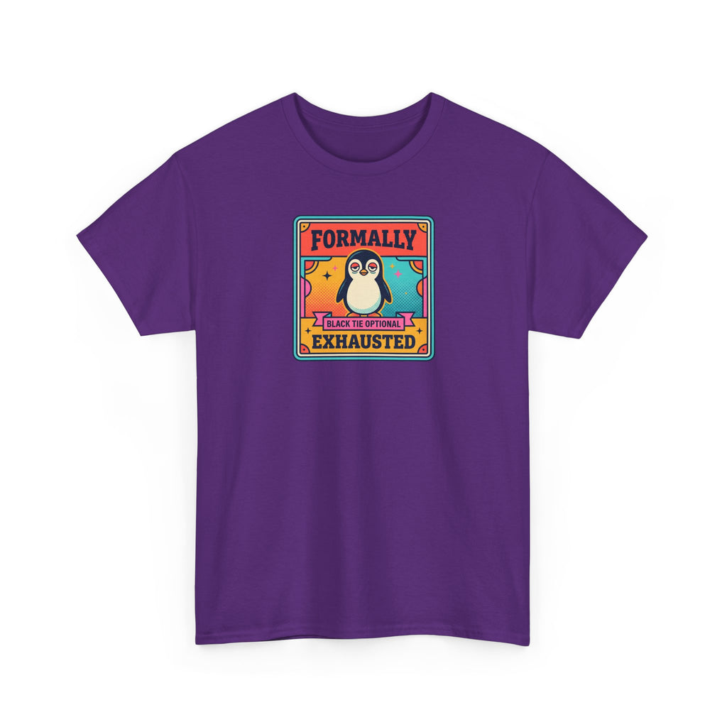 Purple crewneck T-shirt with front penguin graphic and slogan patch.