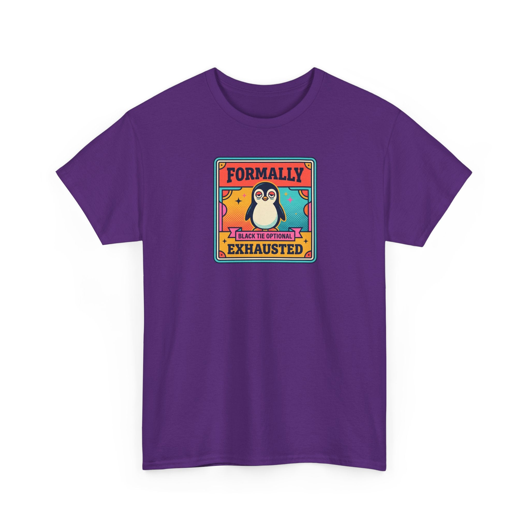 Purple crewneck T-shirt with front penguin graphic and slogan patch.