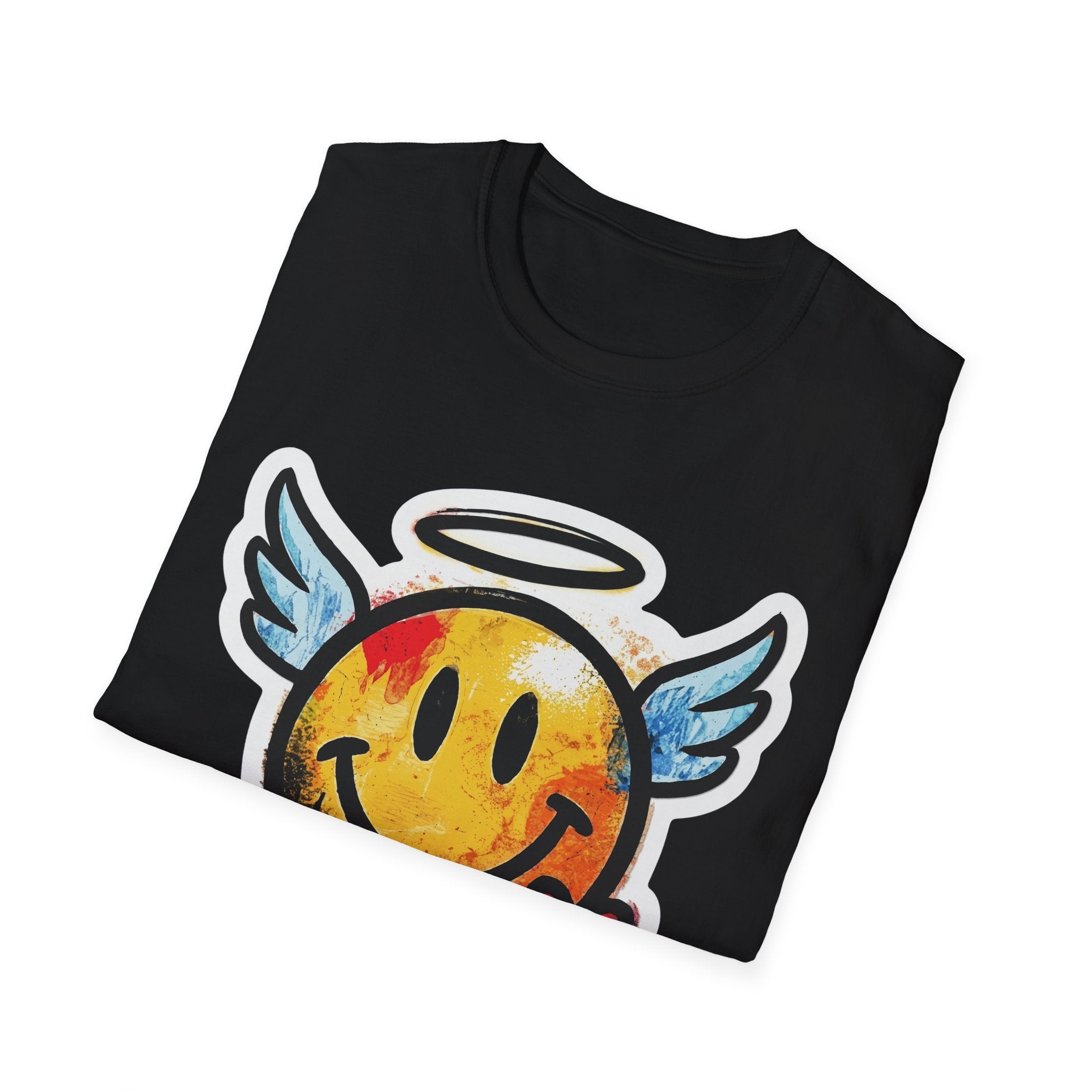 Graffiti Angel Smiley T-Shirt (Black): großer Smiley-Print mit Engelsflügeln